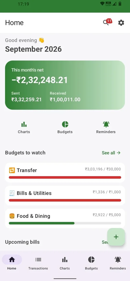 Home screen showing this month's net, amount sent, and amount received, with budgets to watch