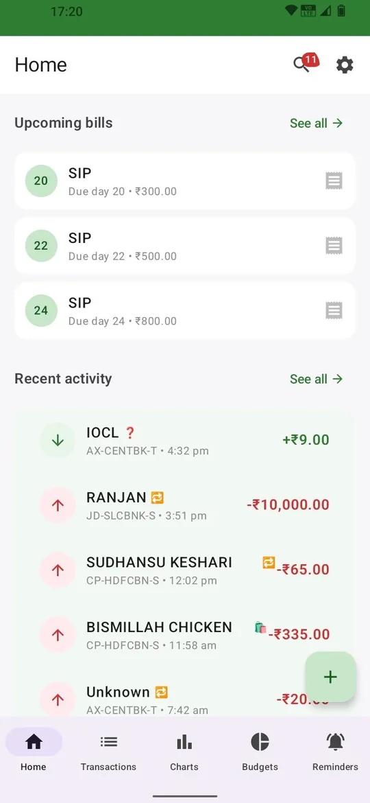 Recent activity feed showing bank and UPI transactions captured automatically with merchant, amount and time