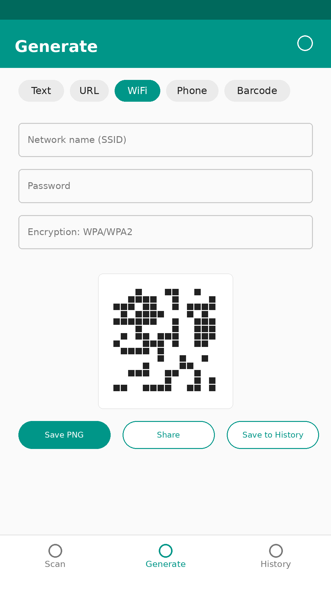 QR & Barcode Toolkit Generate screen creating a WiFi QR code