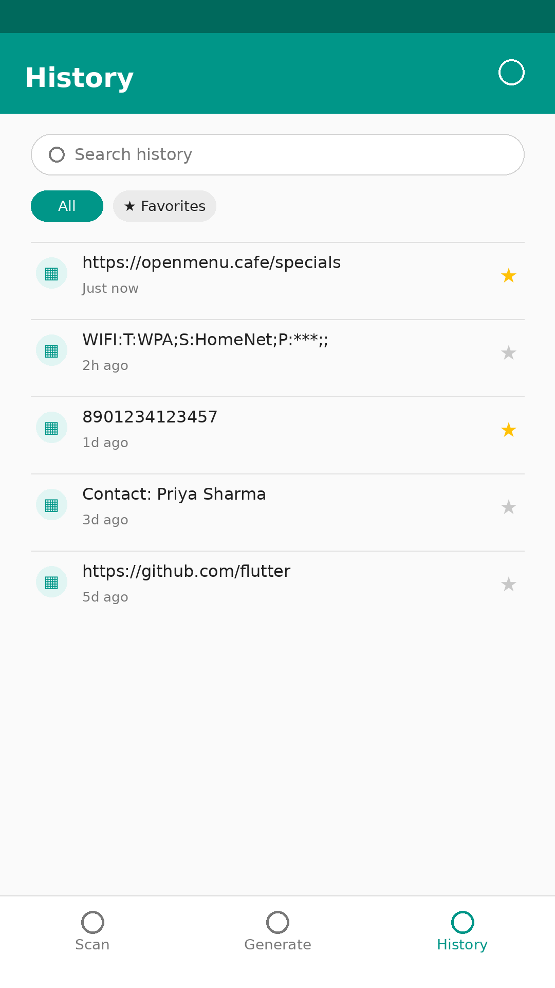QR & Barcode Toolkit History screen with search and favorites